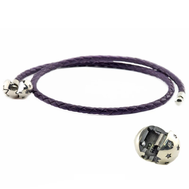 

Starry Sky Dark Purple Clasp Leather Bracelets 100% 925 Sterling-Silver-Jewelry Free Shipping
