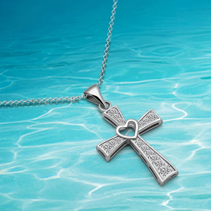 Твердые 925 Серебро CZ кулон крест с сердцем ожерелье для женщин|heart cross pendant|necklace silver