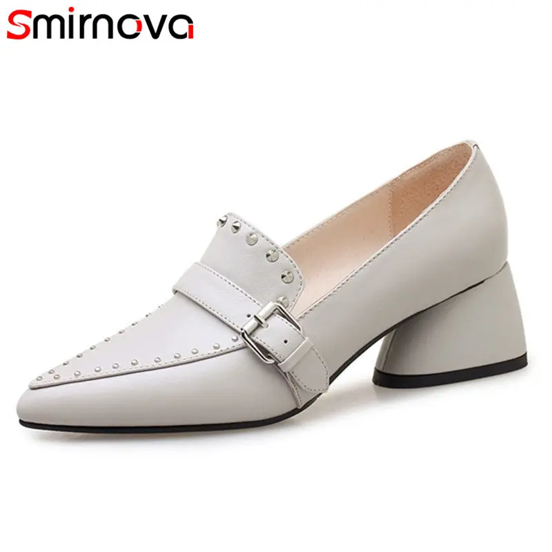 

Smirnova 2018 NEW fashion pointed toe pumps women genuine leather thick high heel slip on buckle shoes casual shoes SIZE 33-42