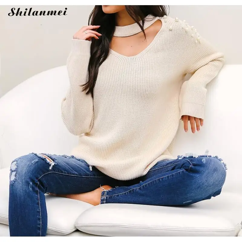 

Женский вязаный свитер с v-образным вырезом, однотонный Повседневный Свободный Длинный свитер-чокер с длинными рукавами, осень 2019