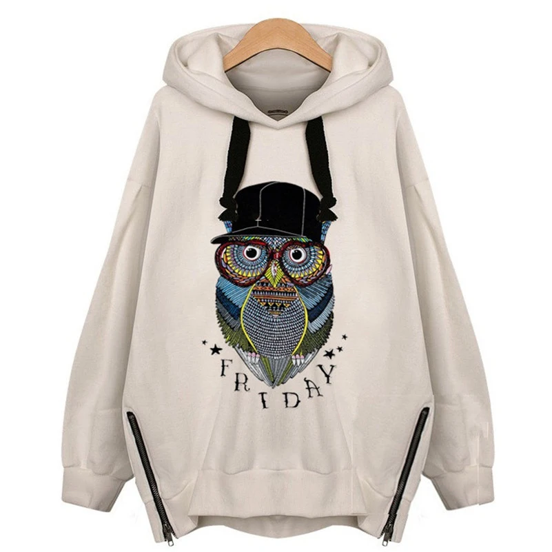 2017 осень-зима Вышивка сова с капюшоном Для женщин Толстовки флис Повседневное