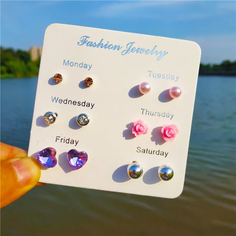 

6 Pairs/lot Cute Cherry Evil Eye Stud Earrings Set for Girls Korean Style Resin Flower Rhinestone Ear Studs Women Jewellery