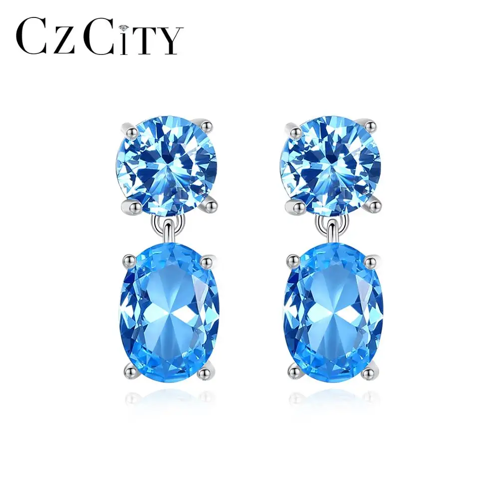 CZCITY Luxury Blue Topaz Drop Earrings for Women Wedding Engagement Fine Jewelry Silver Brincos Joyeria Fina Para Mujer SE0432 | Украшения