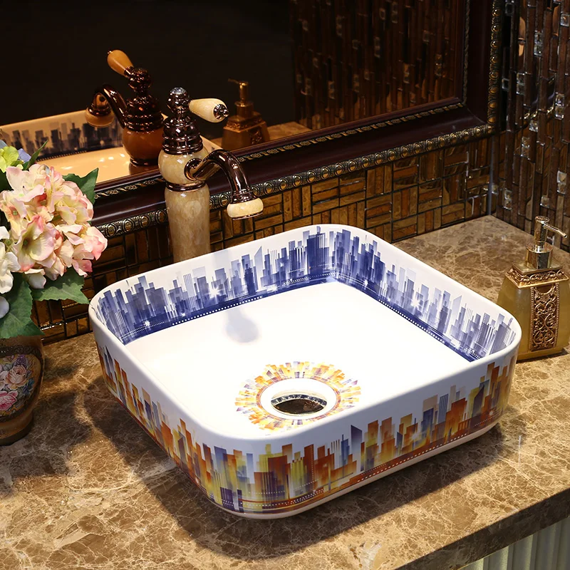 

Jing Yan Jingdezhen ceramics countertop square basin bathroom washbasin art basin large-sized apartment