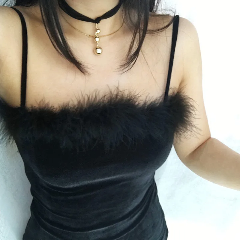 Sexy Velvet Spaghetti Strap Dress Women Sheath Bodycon Faux Fur Black Mini Party Vestido Elegant Dresses | Женская одежда