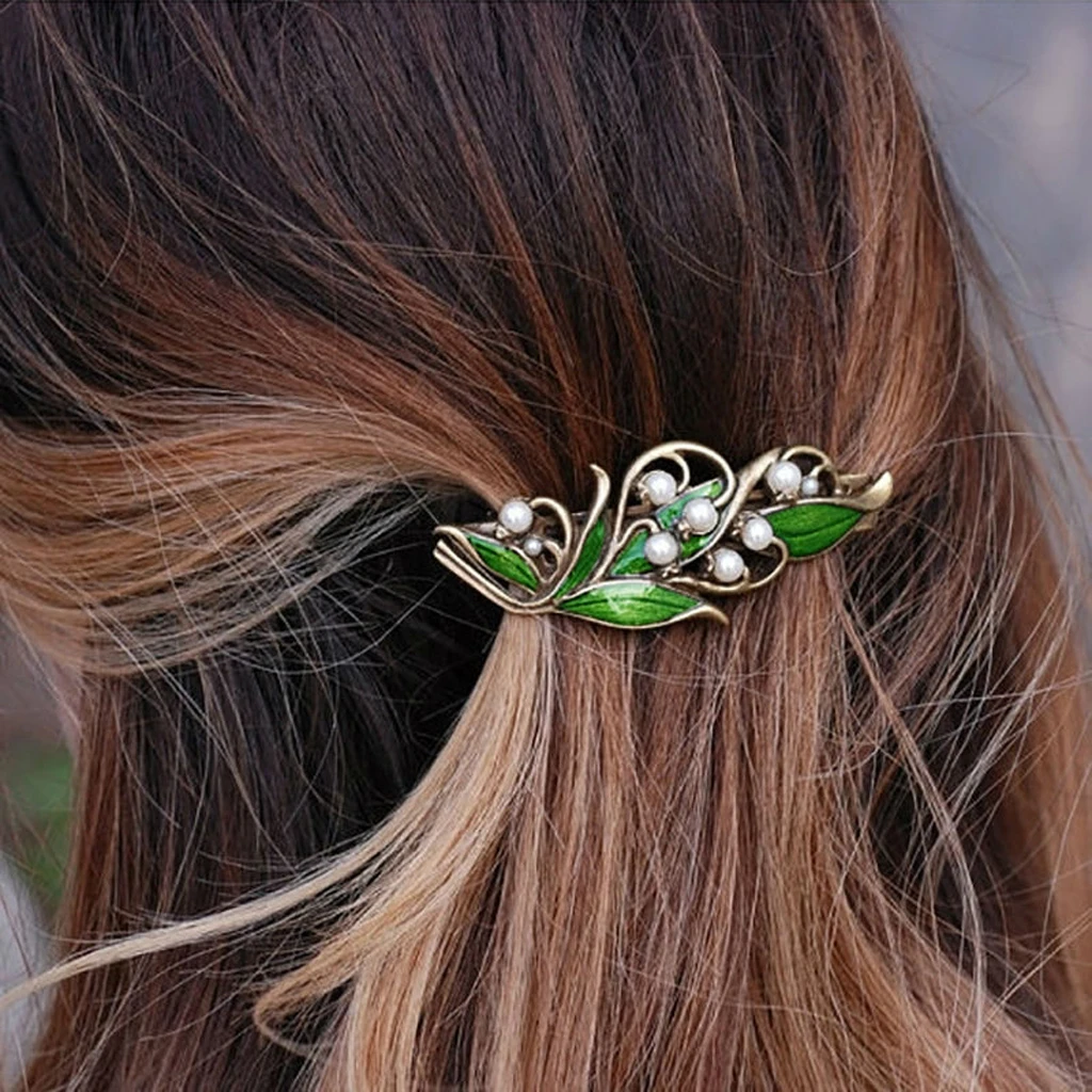 Retro Green Rhinestone Pearls Sprung Barrette Women Ladies Headwear Hairpin Hair Clip Accessories |