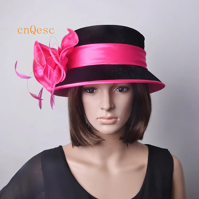 Женская бархатная шляпа с атласными цветами для церкви и свадьбы|velvet hat|ladies black