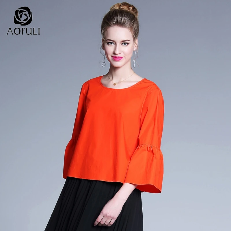 Женские блузки с расклешенными рукавами AOFULI S ~ 4XL оранжевые рукавом 3/4 хлопковые