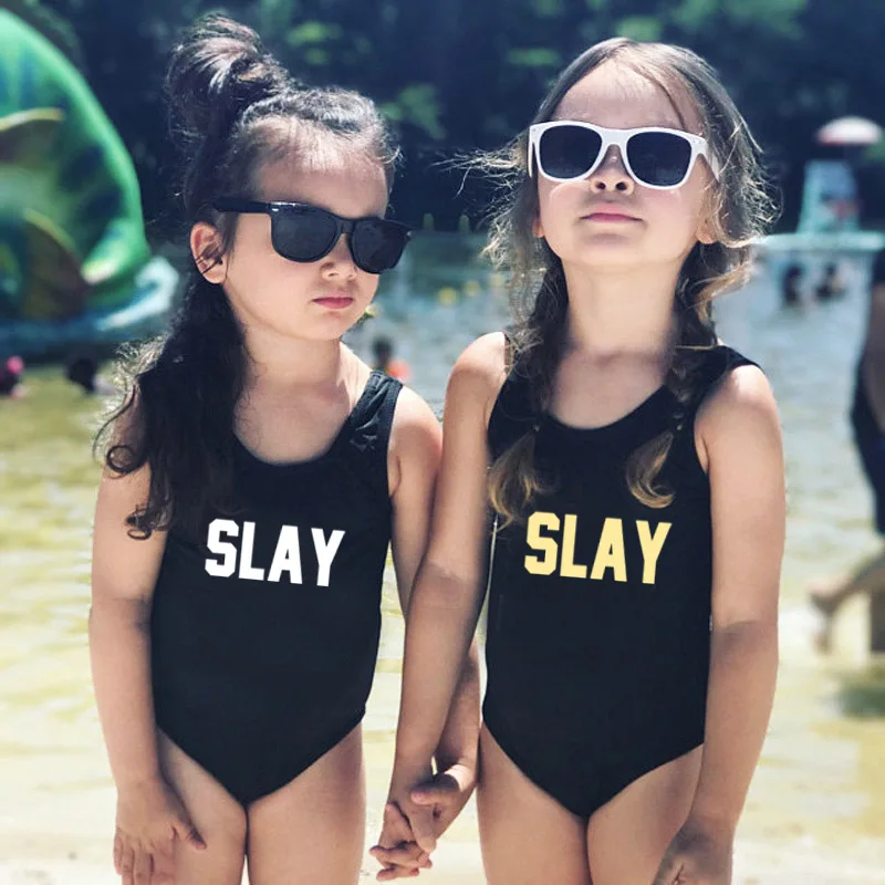 Купальный костюм с надписью SLAY, цельный купальный костюм, детский купальный костюм, купальник для девочки, детская пляжная одежда, черный, красный, розовый