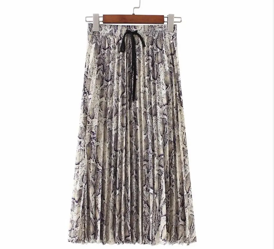 Vadim women stylish leopard print pleated skirt snake faldas mujer Drawstring tie elastic waist casual mid calf skirts BA108 - Цвет: as picture