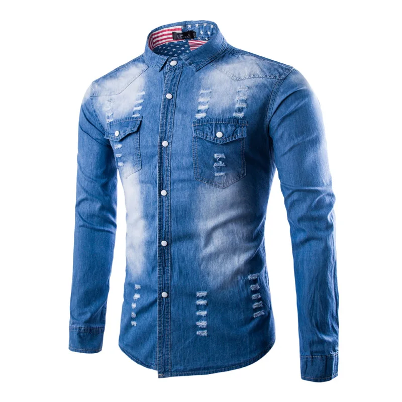 Рубашка мужская джинсовая с длинным рукавом модная зауженная сорочка карго из