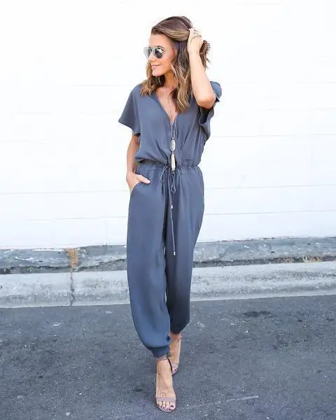 Летние комбинезоны 2017 цельные брюки с отворотом элегантные голубые длинные