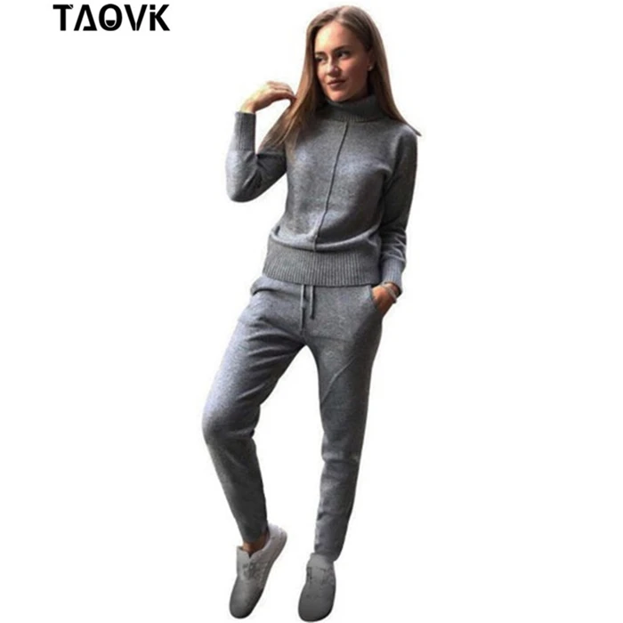 TAOVK Зимняя шерсть вязаный теплый свитер Установить с высоким воротником Брюки Бесплатный набор моды Два пункта