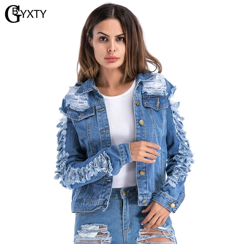 GBYXTY veste en jean femme manche longue Женская винтажная рваная джинсовая куртка с длинным