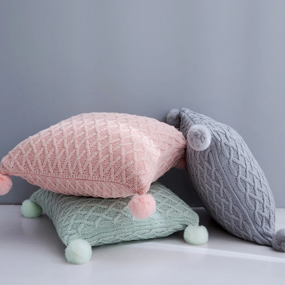Вязаная однотонная Подушка с помпоном для автомобилей стульев диванов