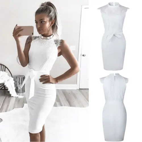 

Fashion Sexy Women's Summer Lace Off Shoulder Party Evening Short Mini Dress Solid Sleeveless Dress