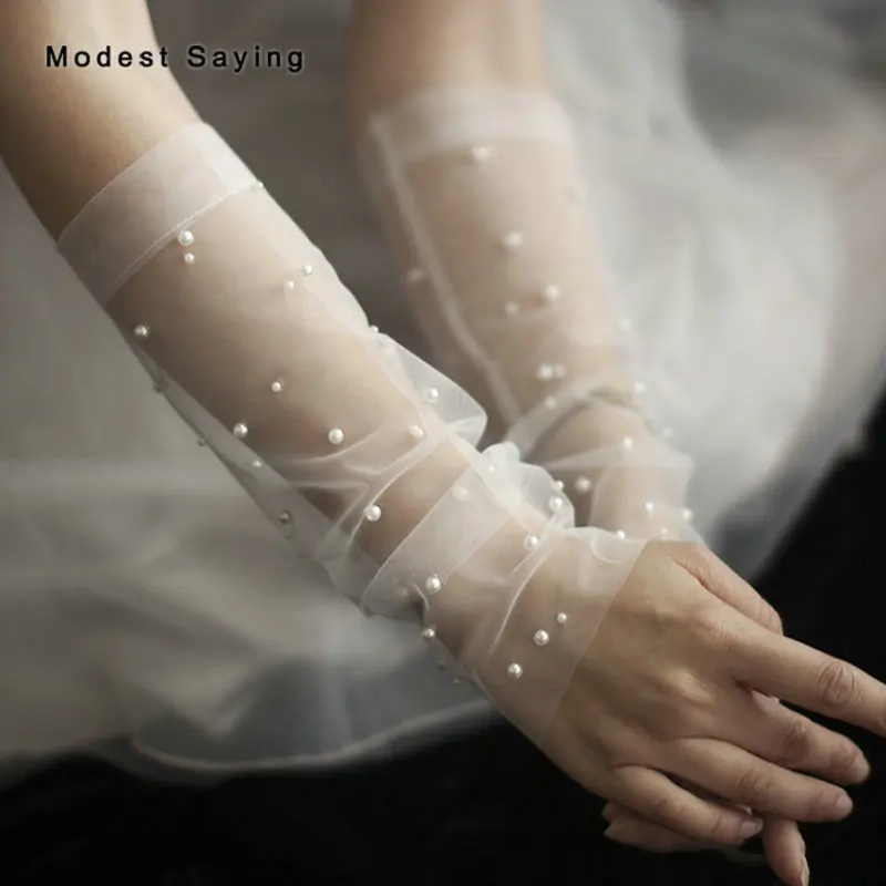 

Fairy 30cm Ivory Pearls Beaded Wedding Gloves 2018 Elbow Fingerless Bridal Gloves Wedding Accessories vestido de festa In Stock
