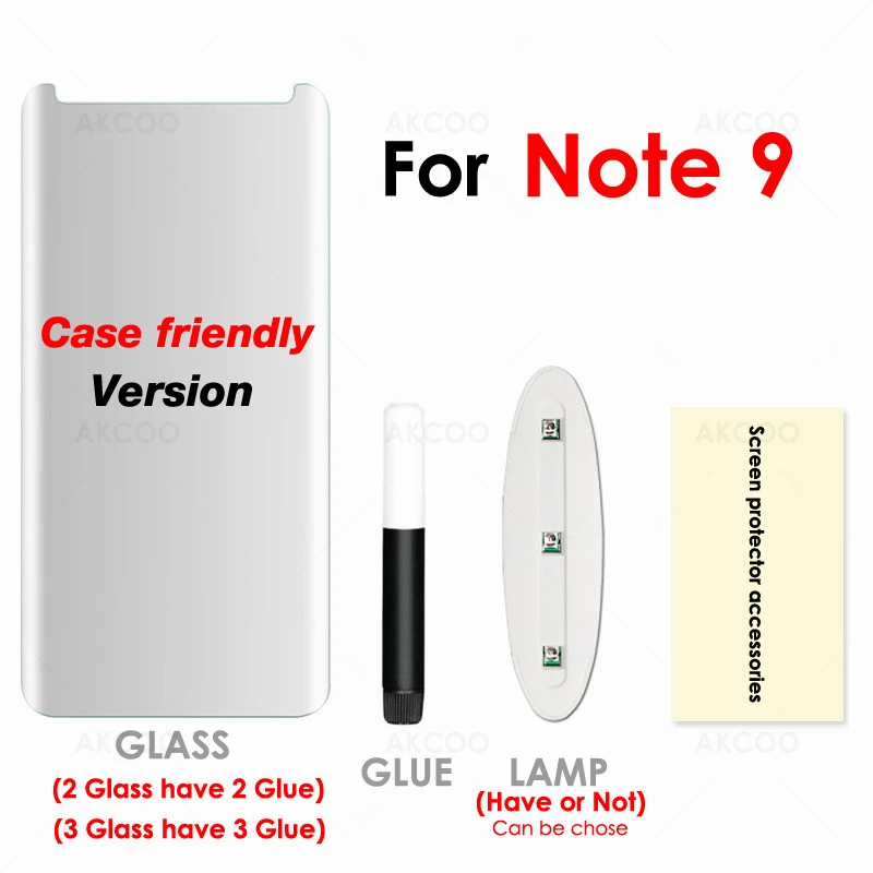 Note 9 A Pack Akcoo S8 протектор экрана с жидким УФ Полный Клей Стекло протектор для samsung Galaxy S9 S8 Plus закаленное Полное покрытие стекло пленка - Цвет: Note 9 A Pack