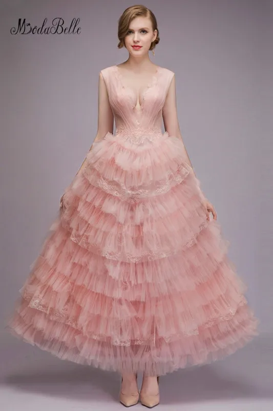 

modabelle Dusty Pink Prom Dress 2018 Vestidos De Fiesta Largos Elegantes A-line Tulle Tiered Lace Women Dresses Evening Party