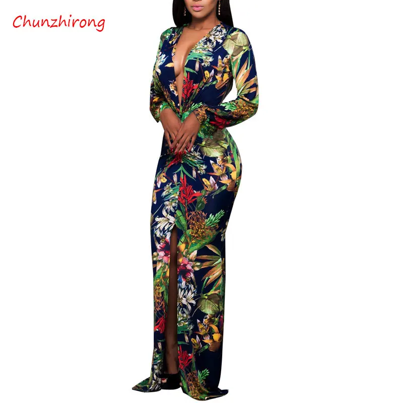 Сексуальные Девушки Макси платье 2017 женщин разрез с длинными рукавами и принтом