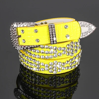Yellow 18 PU Женские дизайнерские роскошные стразы, широкие ремни, однотонный ремень из воловьей кожи для женщин, модный Леопардовый яркий ремень с кристаллами для джинсов - Цвет: Yellow 18 PU