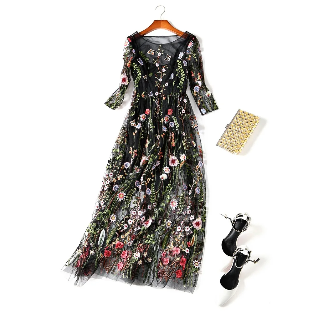 Подиумные платья 2016 Великолепная Половина рукава прозрачное Сетчатое вышитое