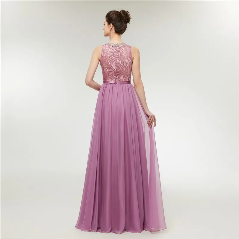 Vivian's Bridal 2018 Сетчатое розовое длинное вечернее платье с бисером и круглым