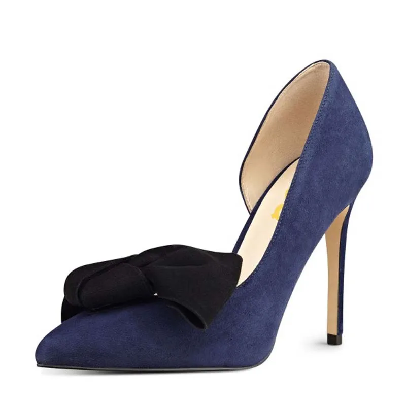 

Navy Stiletto Heels Pointy Toe Suede D'orsay Pumps with Bow Attractive Incomparable Generous Noble Fashion FSJ Elegant Sexy