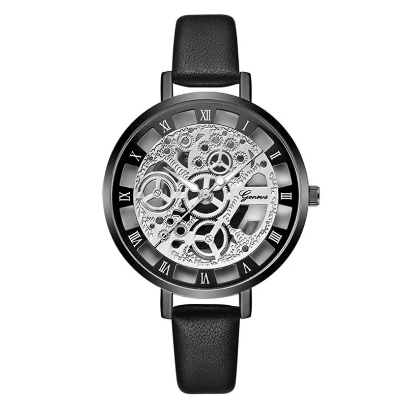 Женские наручные часы скелетоны аналоговые кварцевые с кожаным ремешком