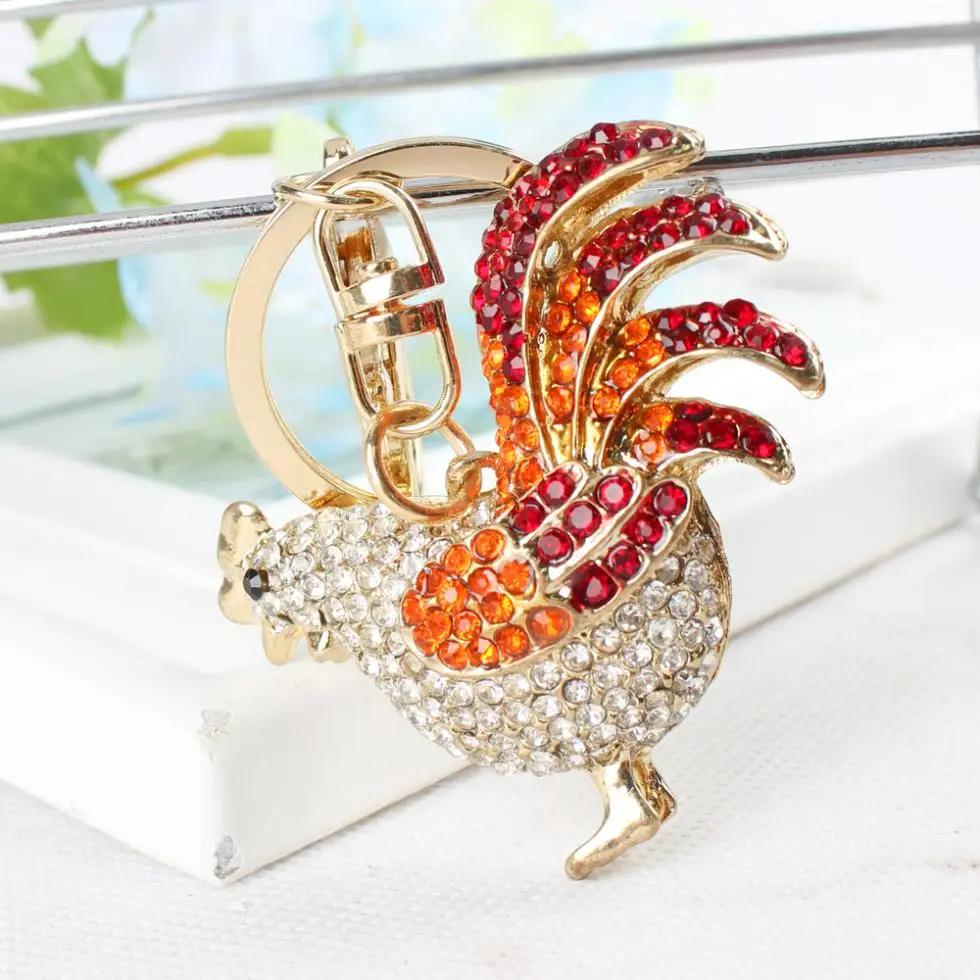 

Red Black Wing Tail Chicken Cock Rooster Keyring Rhinestone Crystal Charm Pendant Purse Bag Car Key Chain Women Gift