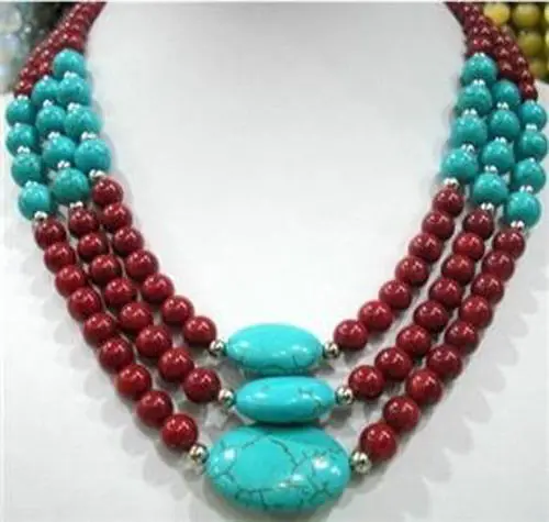 

Fashion free shipping beautiful 3 row artificial red coral calaite round beads elegant women chains necklace 17-19" BV34