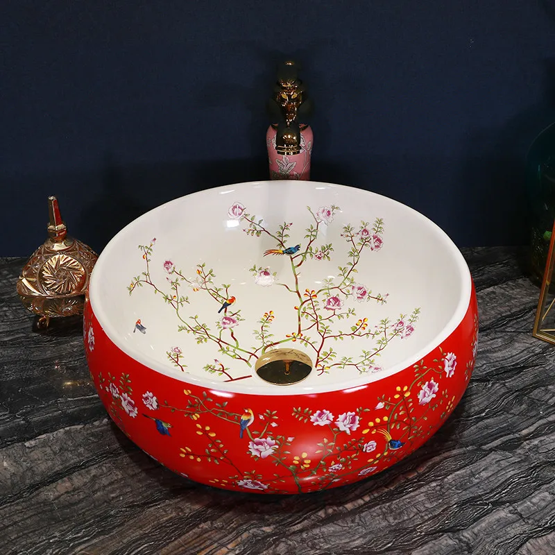 China Artistic Glazed Flowers and bird Porcelain Art Bathroom Sink Lavabo Washbasin counter top countertop washbasin | Обустройство