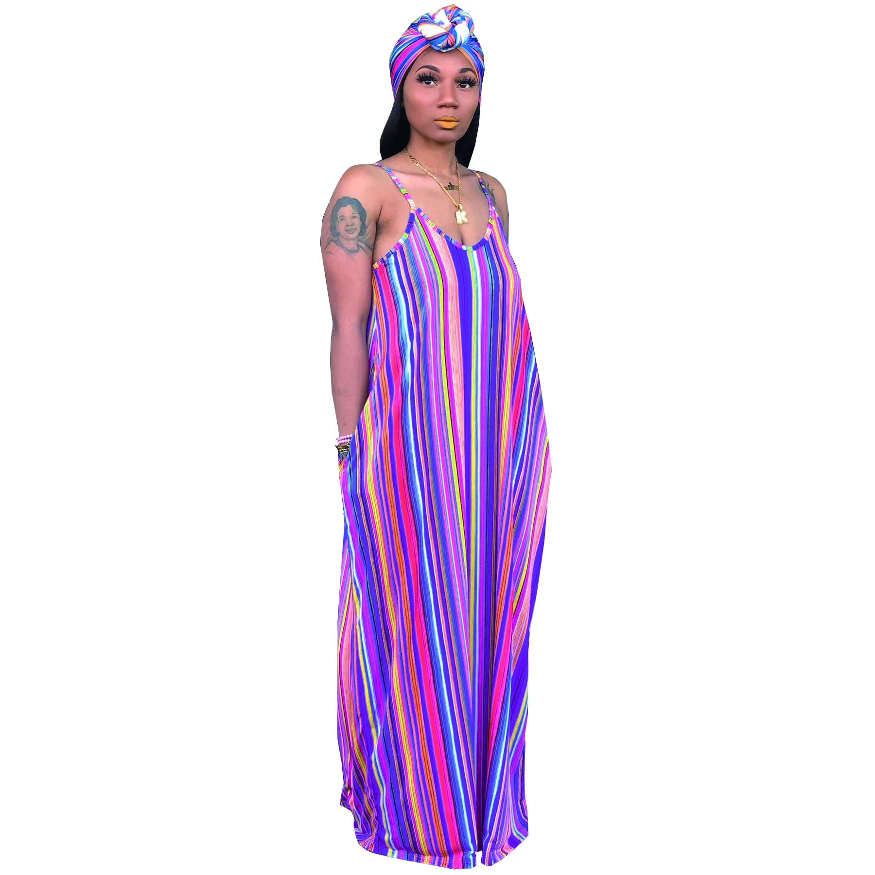 Женское длинное платье в полоску с V образным вырезом|Женские платья| |