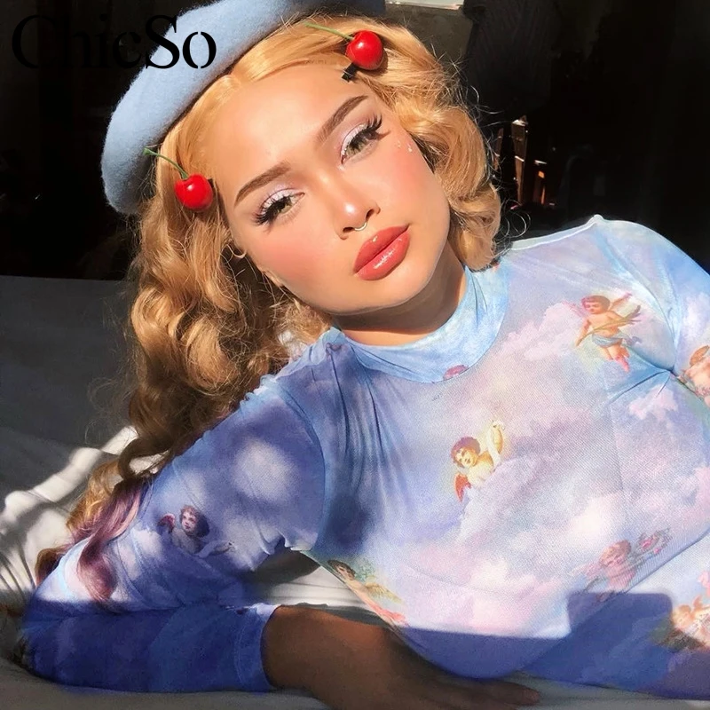 Блузка MissyChilli Angel женская прозрачная блузка с длинным рукавом и принтом|Блузки| |