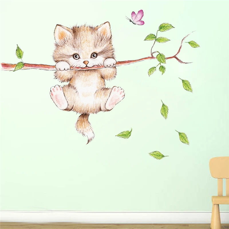 

cat butterfly tree branch wall stickers living room bedroom accessories cartoon animal mural art DIY posters pvc wall decals