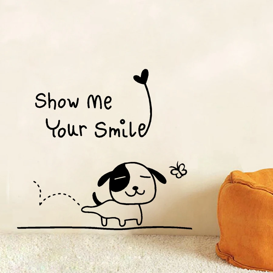 Фото Виниловая наклейка на стену «Show Me Your Smile» с изображением счастливого щенка, украшение детской комнаты №1
