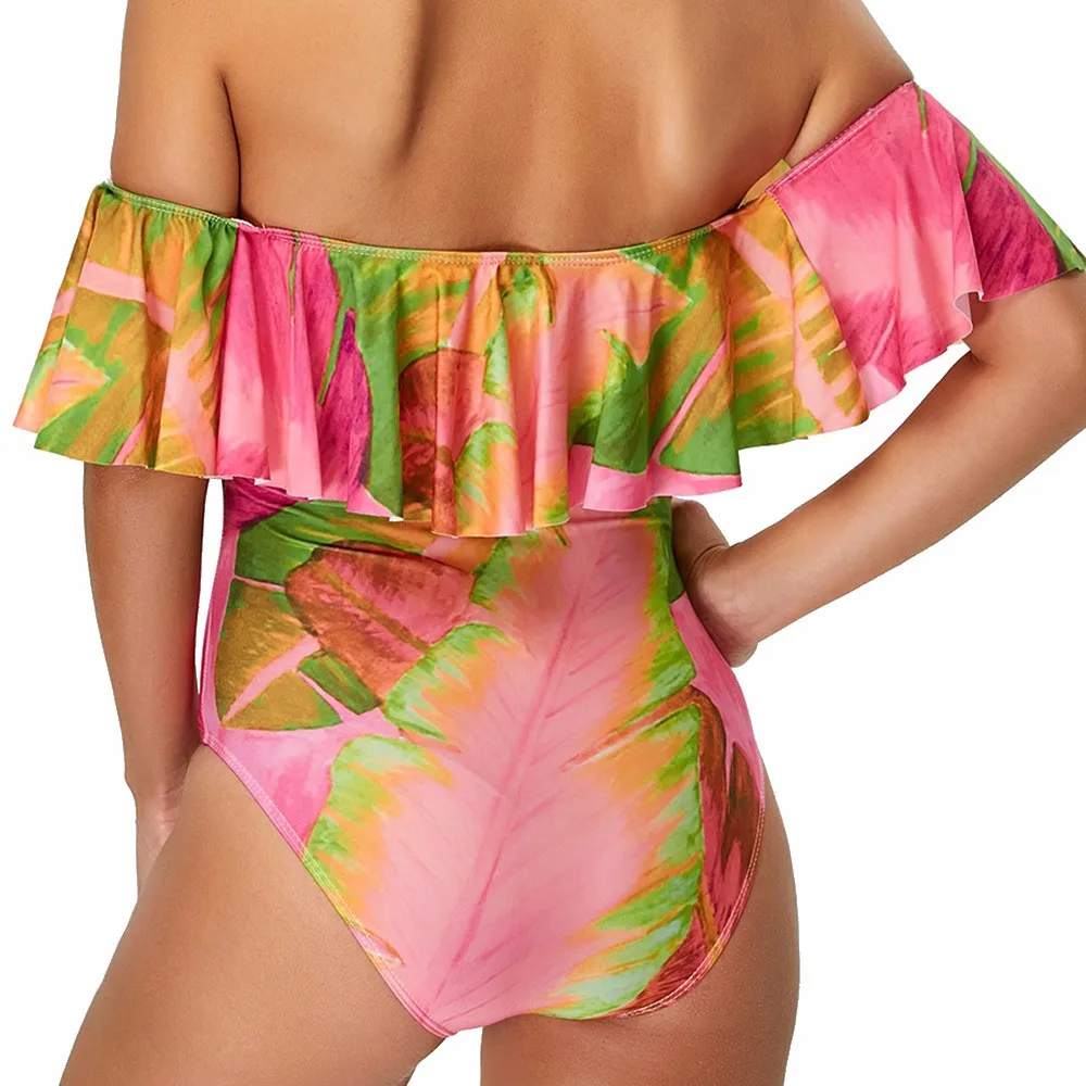 2017 сексуальный слитный купальник с открытыми плечами и принтом листьев женский