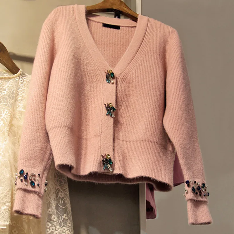 High Quality Diamond-studded V-Neck Ladies Cardigan Autumn Winter Knitted Sweater Women Short Cropped Tops |