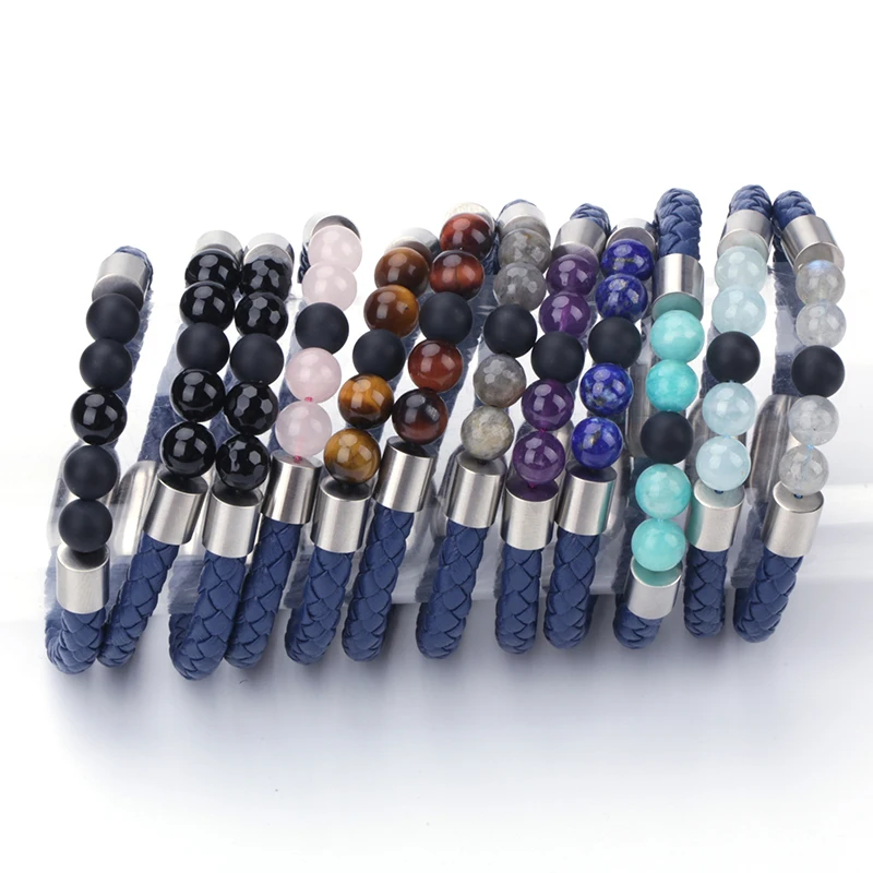 

Hot Magnetic Bracelets Fill Beads Blue Leather Strand Bracelet With Magnetic Clasp Wristband Rope Braided Bracelets For women