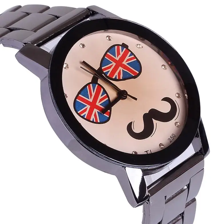 Lovers watch for young man women with uk flag glass beard design crystal diamonds quartz stainless steel wholesale dropship | Наручные