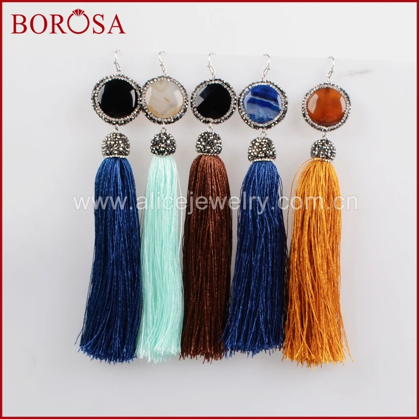 

BOROSA multi kind stone druzy dangle earrings, round natural stone bead with long silk tassel drop earrings jewelry JAB515