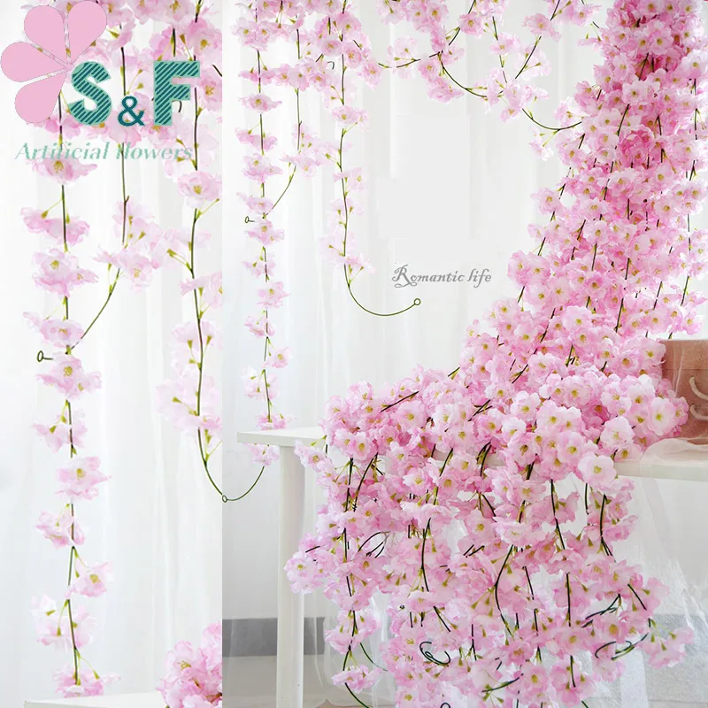 

5PCS/2m long Artificial Flower Sakura rattan wedding scene layout way Home Furnishing decorative tracery wall arch cited flower
