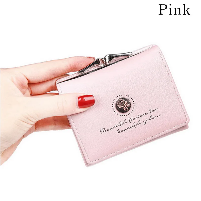 pink Женский короткий кошелек с застежкой, маленький кошелек для монет, мини сумочка для денег, кошелек с розами, трехслойный кожаный кошелек, держатели для кредитных карт - Цвет: pink
