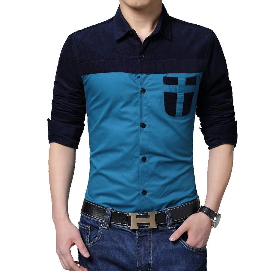 Горячие Мужчины С Длинными Рукавами Бизнес Рубашки Тонкий Лоскутное Однобортный