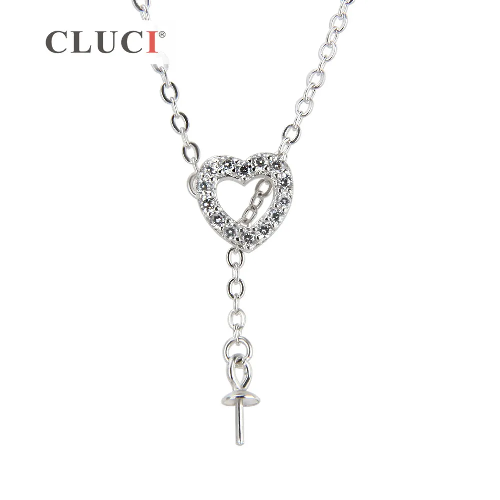 

CLUCI 925 Sterling Silver Bling Heart Pendant with Zircons Necklace Silver 925 Pearl Necklace Mounting Jewelry for Women SN007SB