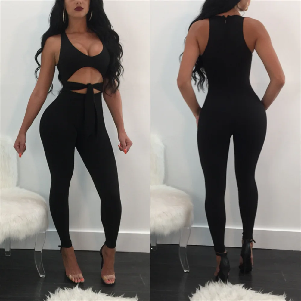 WLKE Women Bodysuit Sexy V-neck Waist Cut Out Lace Up Skinny Bodycon Jumpsuit One Piece Rompers Gray/Black Clubwear KP1438 | Женская