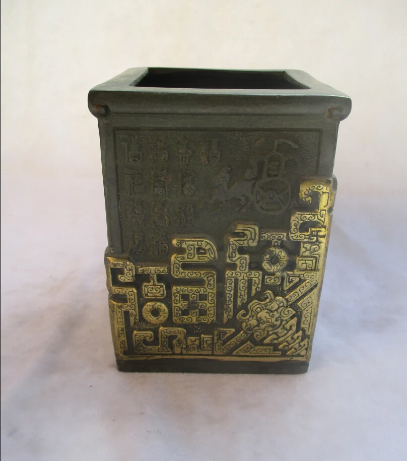 

Chinese Old Bronze Gold gilt Carved Big Pen Holder/ Metal Pen Holder