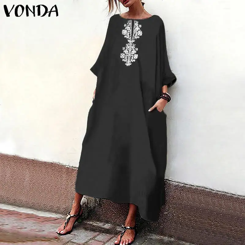 VONDA размера плюс осеннее платье женское сексуальное с круглым вырезом 3/4 рукав вечерние с цветочным принтом Длинные Платья повседневные свободные Vestidos - Цвет: Black