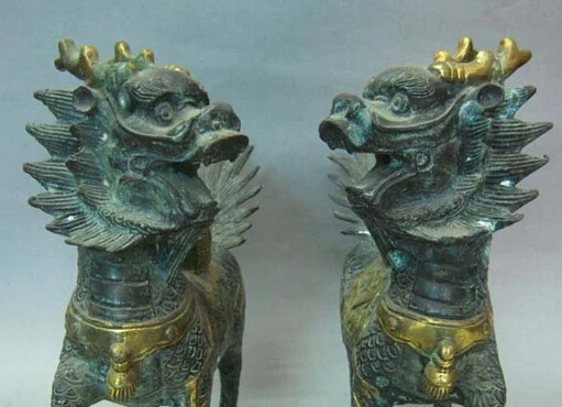 0 пара старый китайский позолоченный бронзовый защитник Kylin Chi Lin статуя|statue|statue