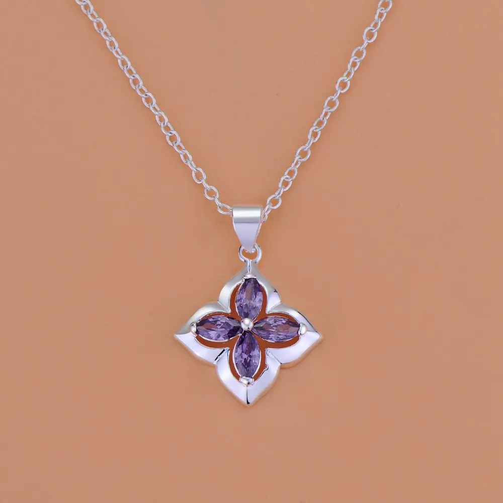 Hot Sales Silver Color Purple Zircon Flower Pendant Necklace Ladies Girl Christmas Gift Jewelry Drop shipping Wholesale | Украшения и